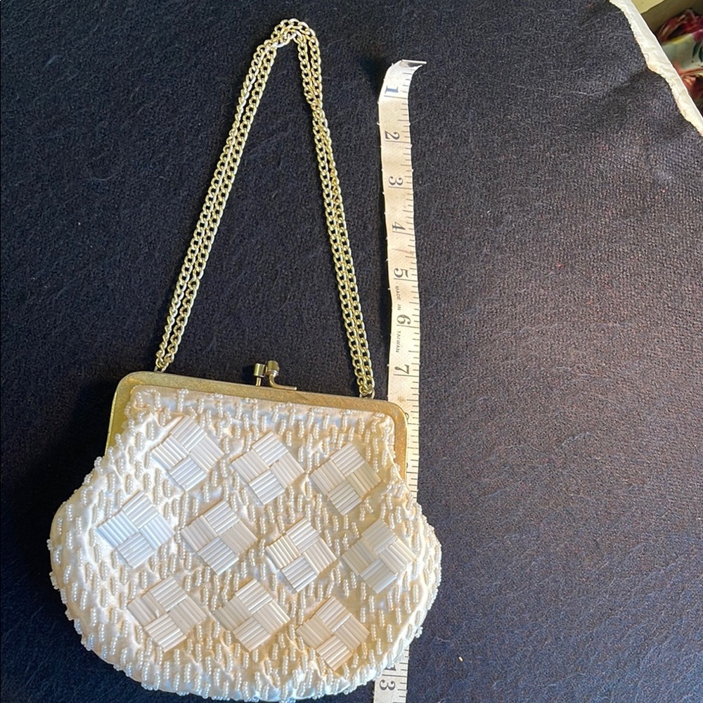 Elegant Beaded Cream Clutch Gold Chain Purse Handbag Chain Strap Handmade